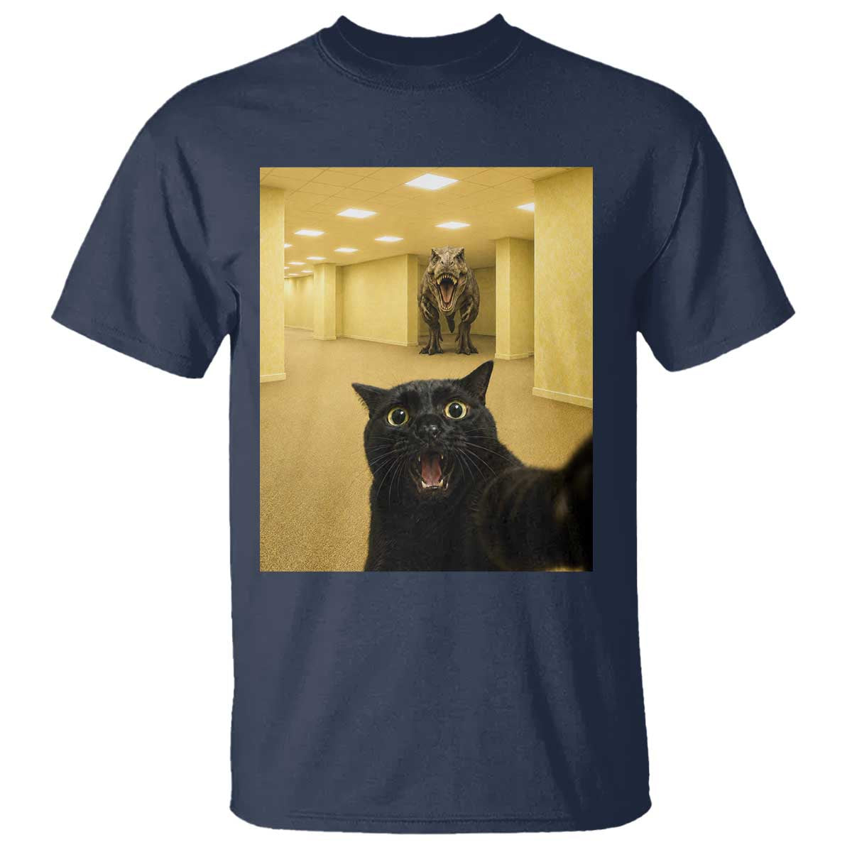 Black Cat Selfie with Dinosaur in The Backrooms Liminal Space Graphic T Shirt Liminal Space Urban Legend Meme