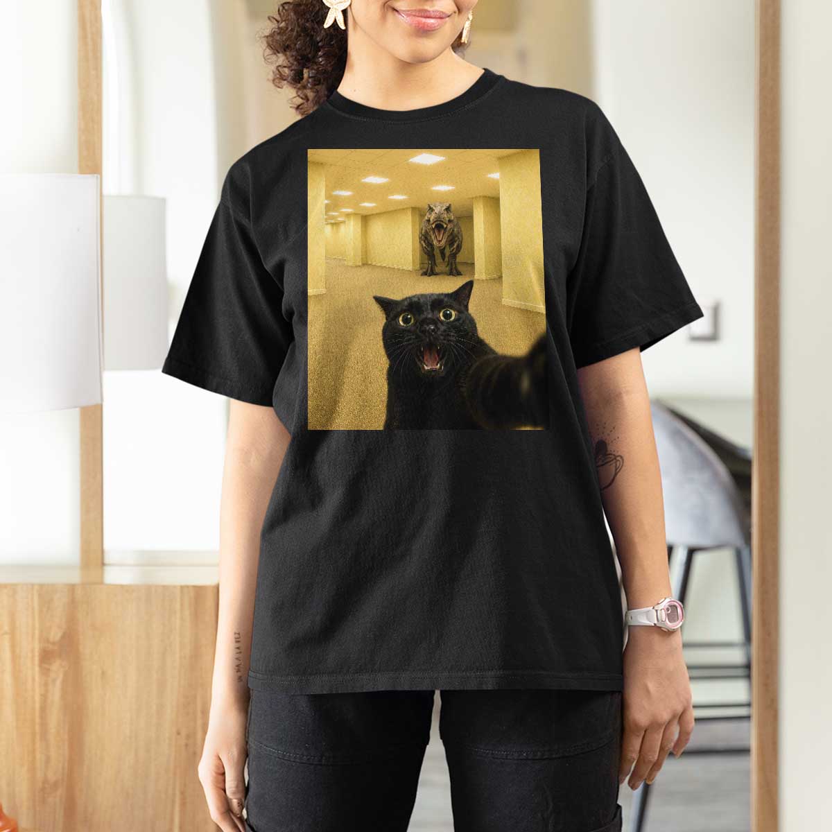 Black Cat Selfie with Dinosaur in The Backrooms Liminal Space Graphic T Shirt For Women Liminal Space Urban Legend Meme