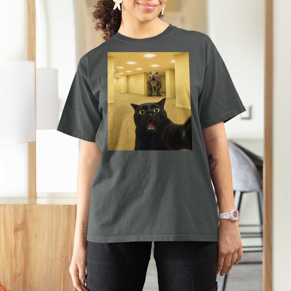 Black Cat Selfie with Dinosaur in The Backrooms Liminal Space Graphic T Shirt For Women Liminal Space Urban Legend Meme