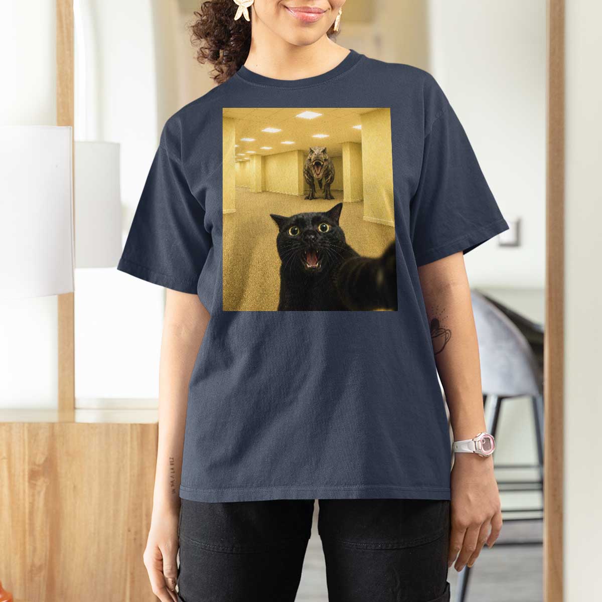 Black Cat Selfie with Dinosaur in The Backrooms Liminal Space Graphic T Shirt For Women Liminal Space Urban Legend Meme