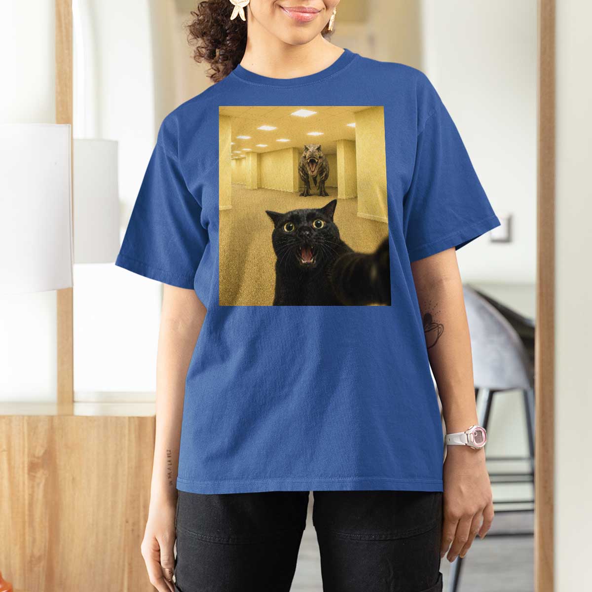 Black Cat Selfie with Dinosaur in The Backrooms Liminal Space Graphic T Shirt For Women Liminal Space Urban Legend Meme