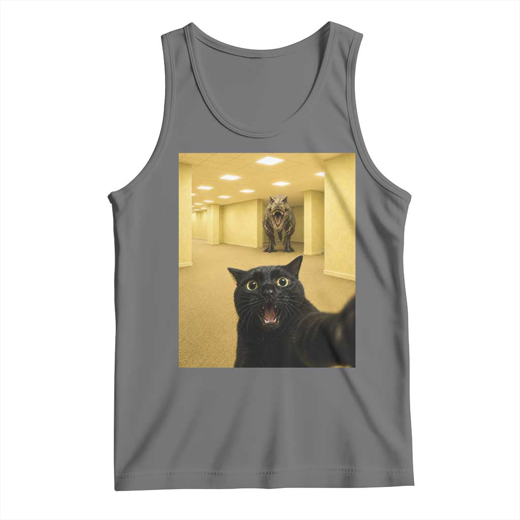 Black Cat Selfie with Dinosaur in The Backrooms Liminal Space Graphic Tank Top Liminal Space Urban Legend Meme