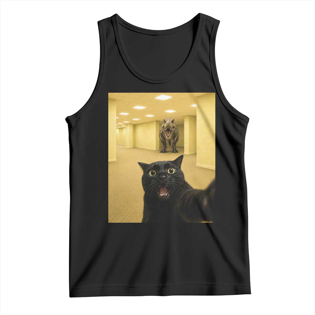 Black Cat Selfie with Dinosaur in The Backrooms Liminal Space Graphic Tank Top Liminal Space Urban Legend Meme