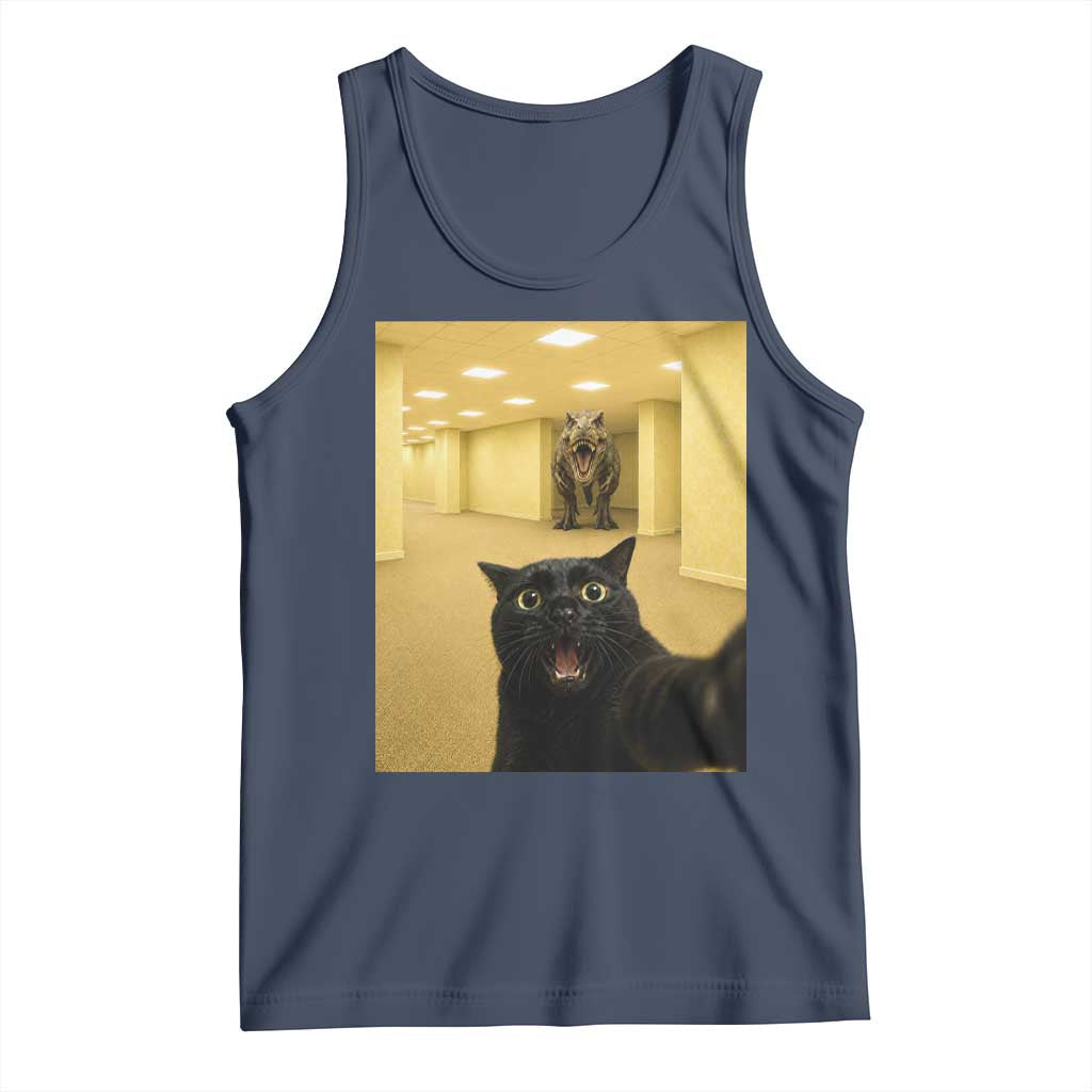 Black Cat Selfie with Dinosaur in The Backrooms Liminal Space Graphic Tank Top Liminal Space Urban Legend Meme