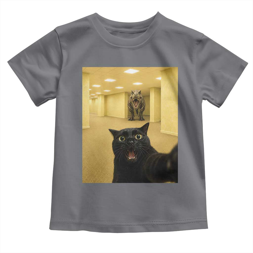 Black Cat Selfie with Dinosaur in The Backrooms Liminal Space Graphic Toddler T Shirt Liminal Space Urban Legend Meme