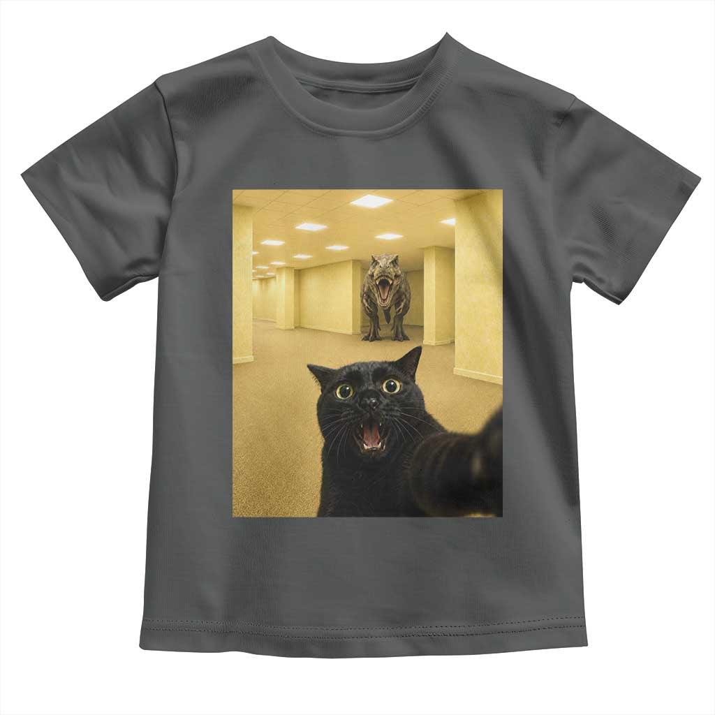 Black Cat Selfie with Dinosaur in The Backrooms Liminal Space Graphic Toddler T Shirt Liminal Space Urban Legend Meme