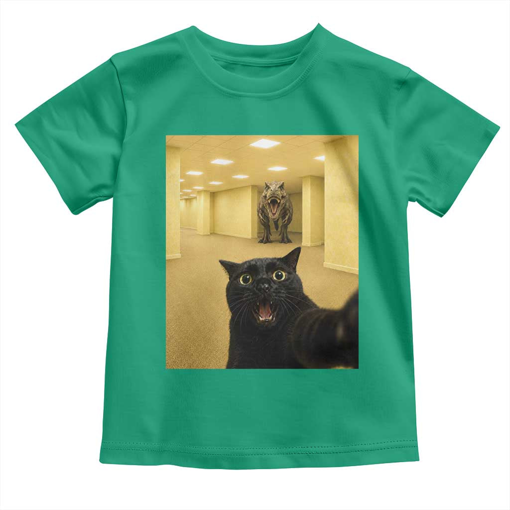 Black Cat Selfie with Dinosaur in The Backrooms Liminal Space Graphic Toddler T Shirt Liminal Space Urban Legend Meme