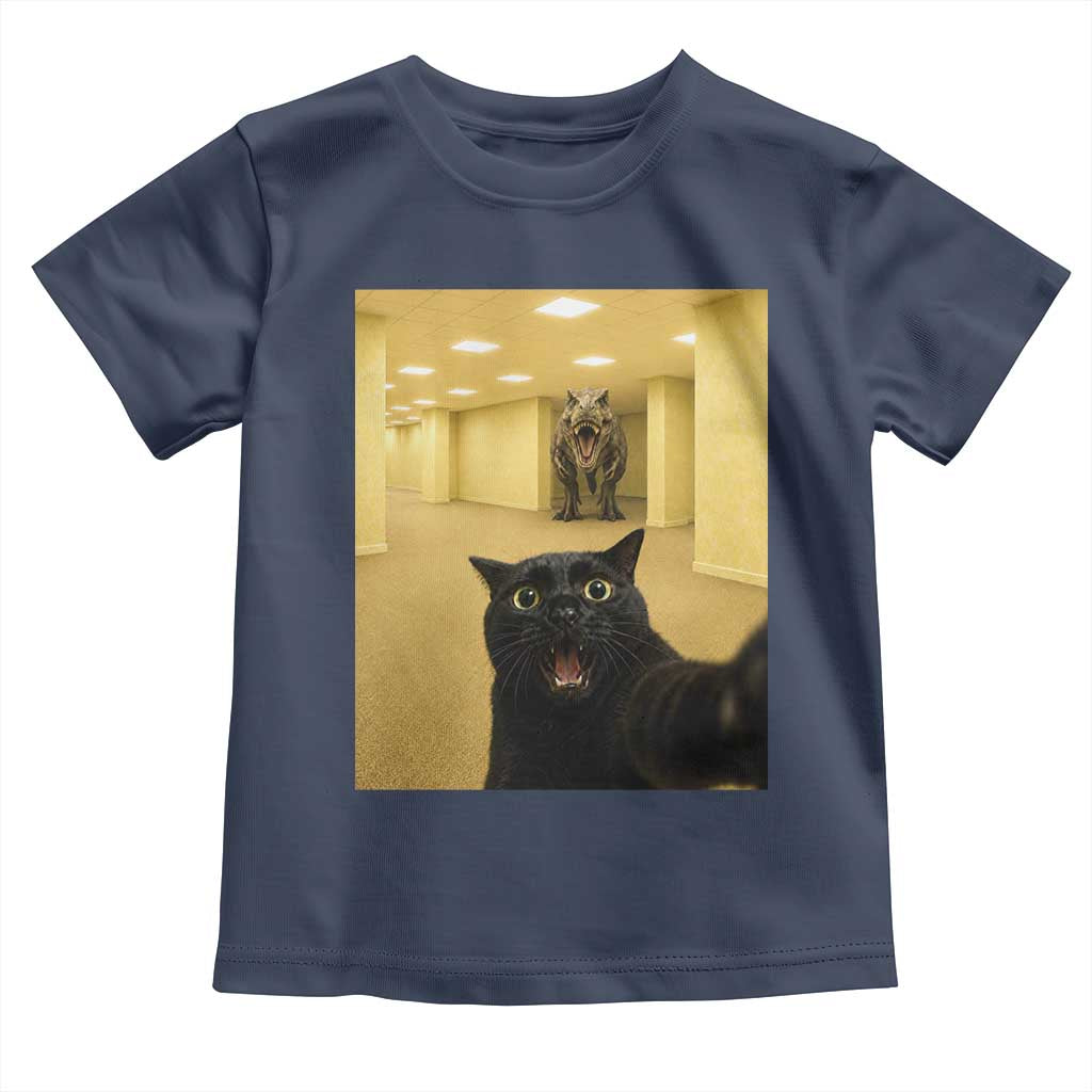Black Cat Selfie with Dinosaur in The Backrooms Liminal Space Graphic Toddler T Shirt Liminal Space Urban Legend Meme