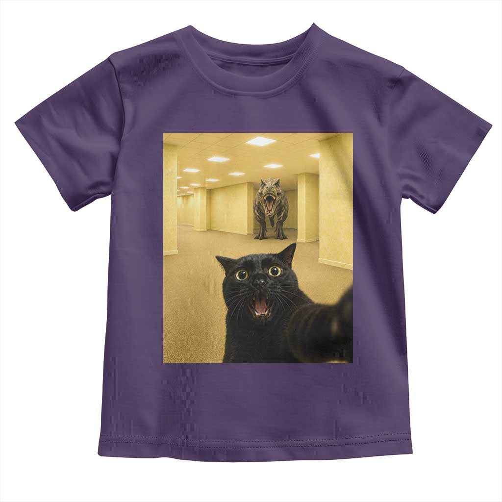 Black Cat Selfie with Dinosaur in The Backrooms Liminal Space Graphic Toddler T Shirt Liminal Space Urban Legend Meme