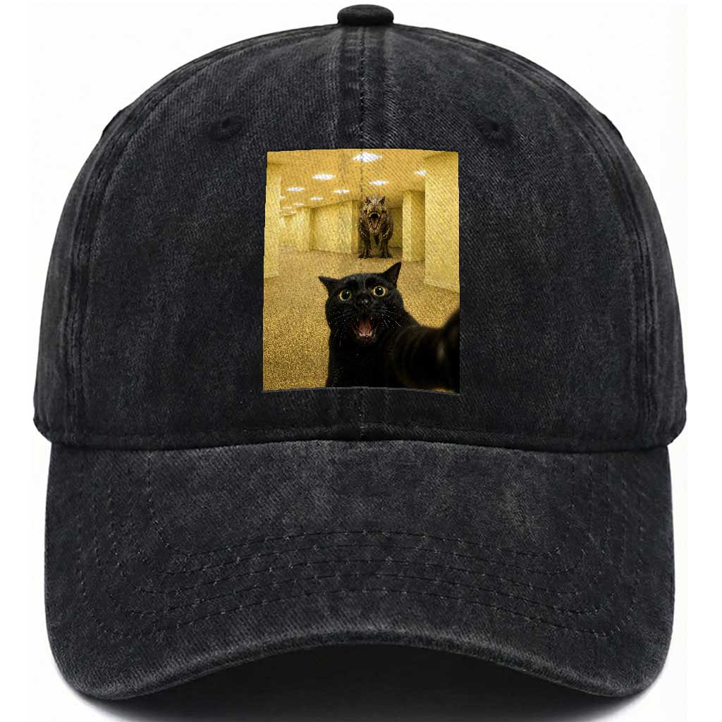 Black Cat Selfie with Dinosaur in The Backrooms Liminal Space Graphic Washed Cotton Baseball Cap Liminal Space Urban Legend Meme