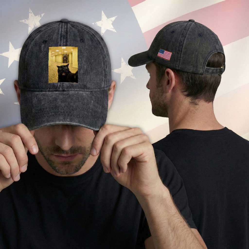 Black Cat Selfie with Dinosaur in The Backrooms Liminal Space Graphic Washed Cotton Baseball Cap Liminal Space Urban Legend Meme