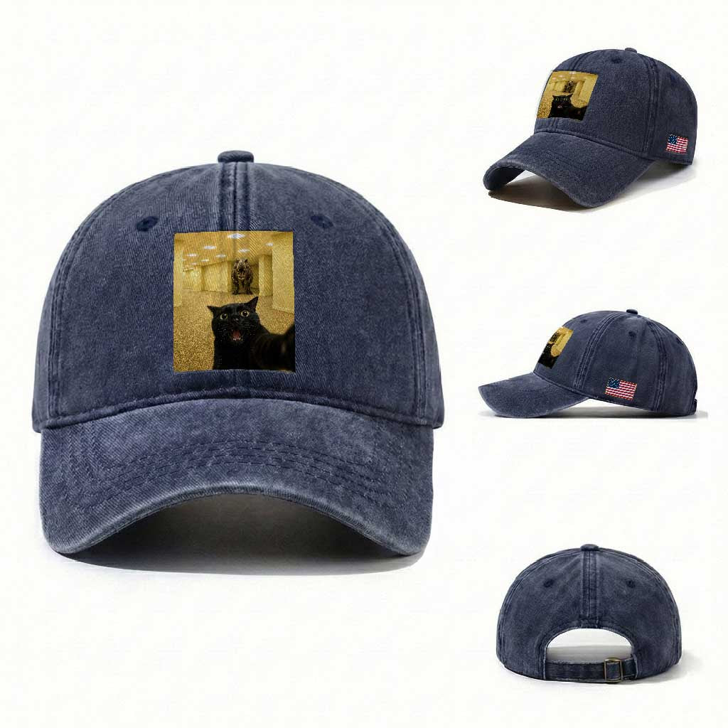 Black Cat Selfie with Dinosaur in The Backrooms Liminal Space Graphic Washed Cotton Baseball Cap Liminal Space Urban Legend Meme