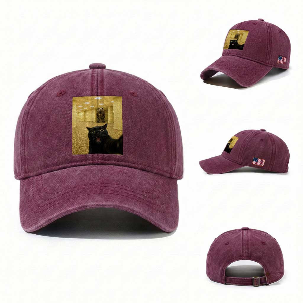 Black Cat Selfie with Dinosaur in The Backrooms Liminal Space Graphic Washed Cotton Baseball Cap Liminal Space Urban Legend Meme