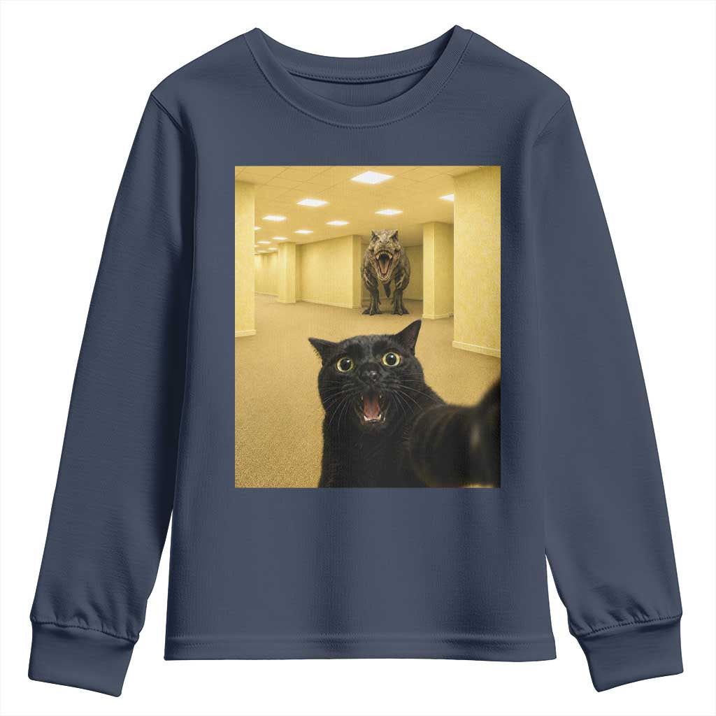 Black Cat Selfie with Dinosaur in The Backrooms Liminal Space Graphic Youth Sweatshirt Liminal Space Urban Legend Meme