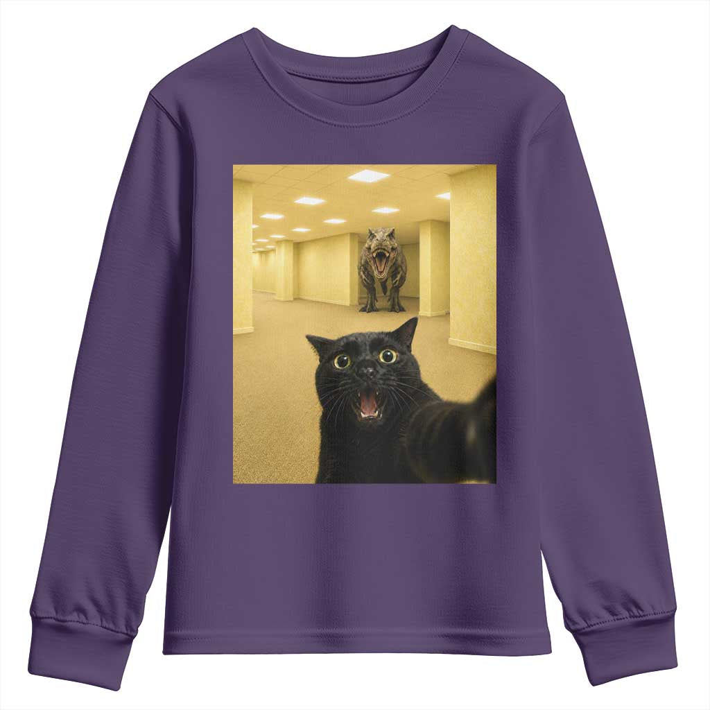 Black Cat Selfie with Dinosaur in The Backrooms Liminal Space Graphic Youth Sweatshirt Liminal Space Urban Legend Meme