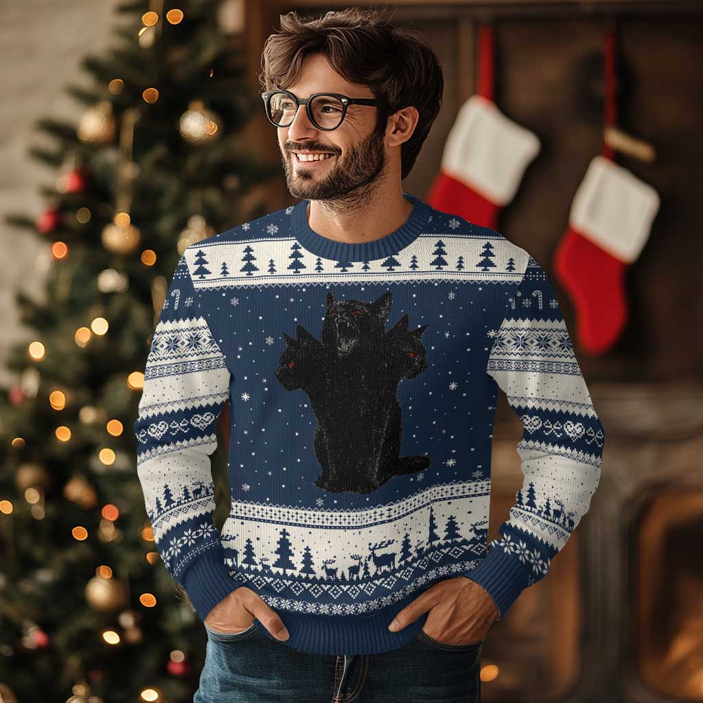 Purrberus 3 Headed Black Cat Gothic Mythology Graphic Ugly Christmas Sweater Vintage Grunge Alt 90s Halloween Goth Horror