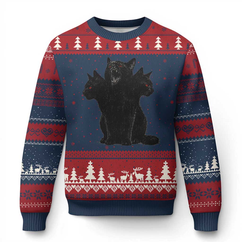 Purrberus 3 Headed Black Cat Gothic Mythology Graphic Ugly Christmas Sweater Vintage Grunge Alt 90s Halloween Goth Horror