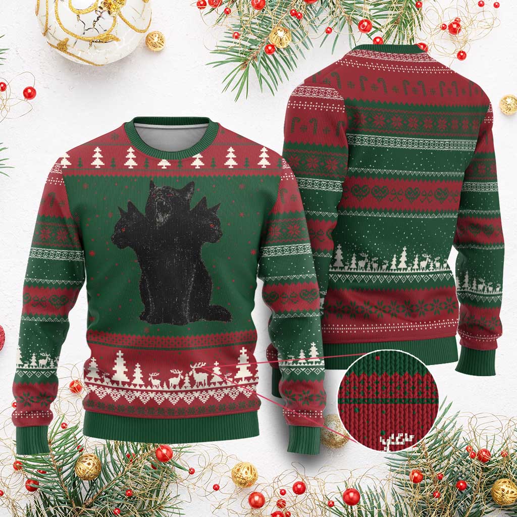 Purrberus 3 Headed Black Cat Gothic Mythology Graphic Ugly Christmas Sweater Vintage Grunge Alt 90s Halloween Goth Horror