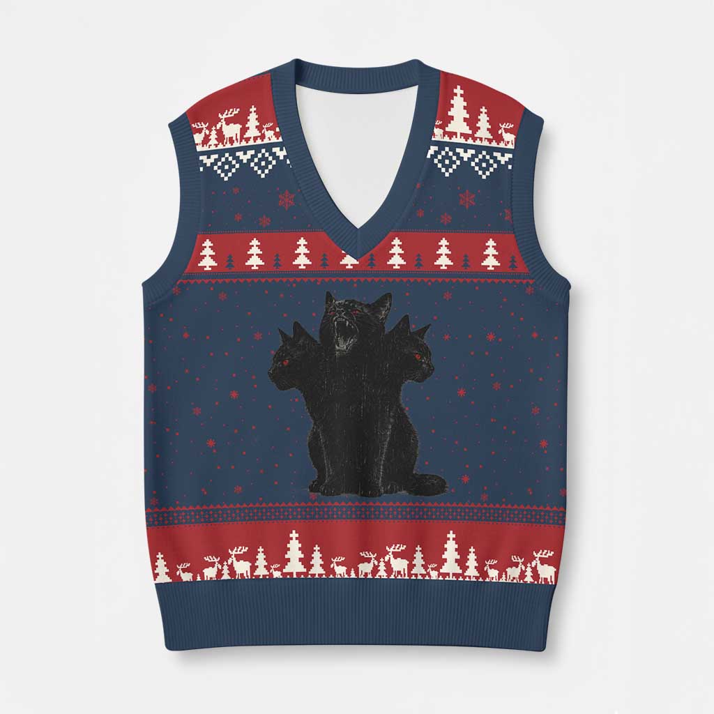 Purrberus 3 Headed Black Cat Gothic Mythology Graphic V-Neck Knit Sweater Vest Vintage Grunge Alt 90s Halloween Goth Horror