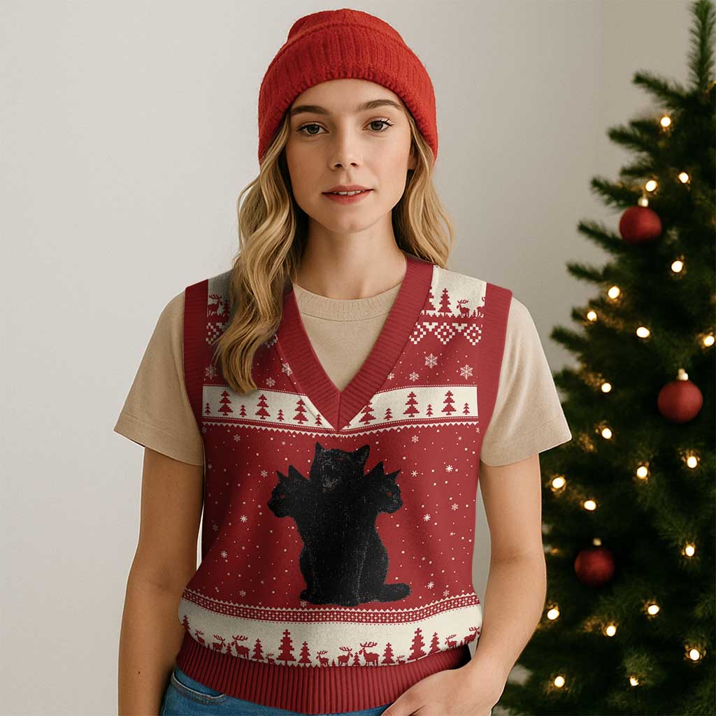 Purrberus 3 Headed Black Cat Gothic Mythology Graphic V-Neck Knit Sweater Vest Vintage Grunge Alt 90s Halloween Goth Horror