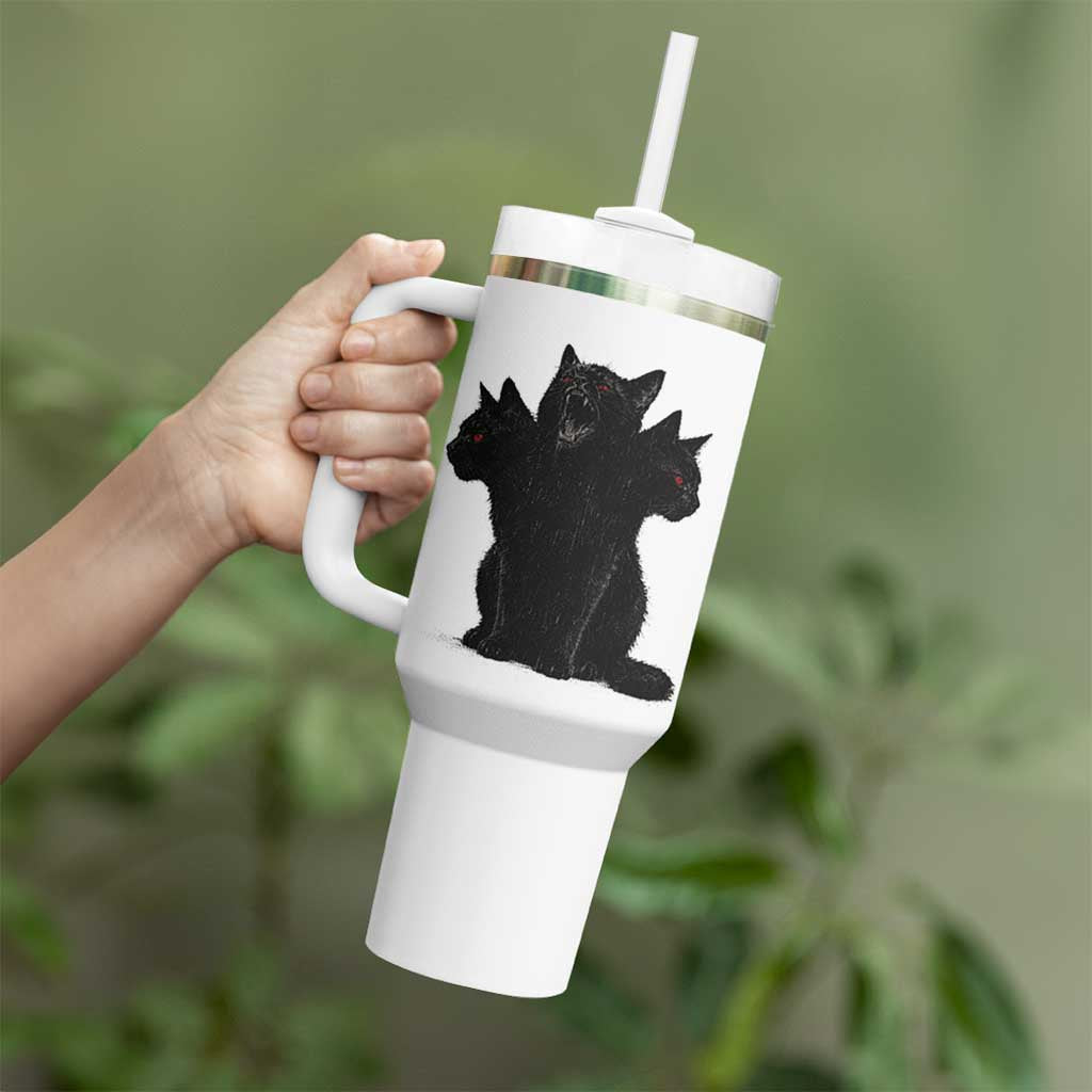 Purrberus 3 Headed Black Cat Gothic Mythology Graphic Tumbler With Handle Vintage Grunge Alt 90s Halloween Goth Horror