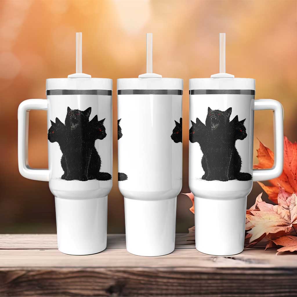 Purrberus 3 Headed Black Cat Gothic Mythology Graphic Tumbler With Handle Vintage Grunge Alt 90s Halloween Goth Horror