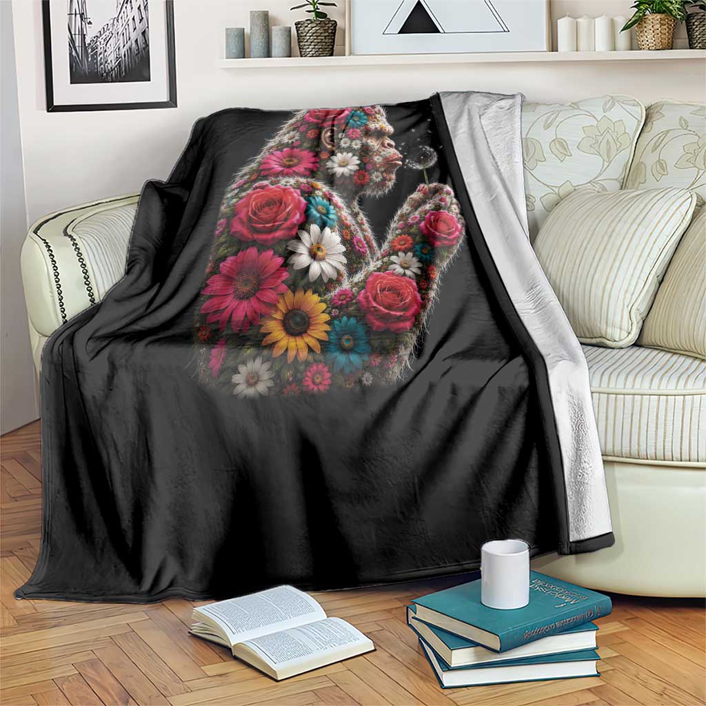 Floral Bigfoot Blowing Wishes Dandelion Throw Blanket Vintage Sasquatch Art Botanical Wildlife Graphic