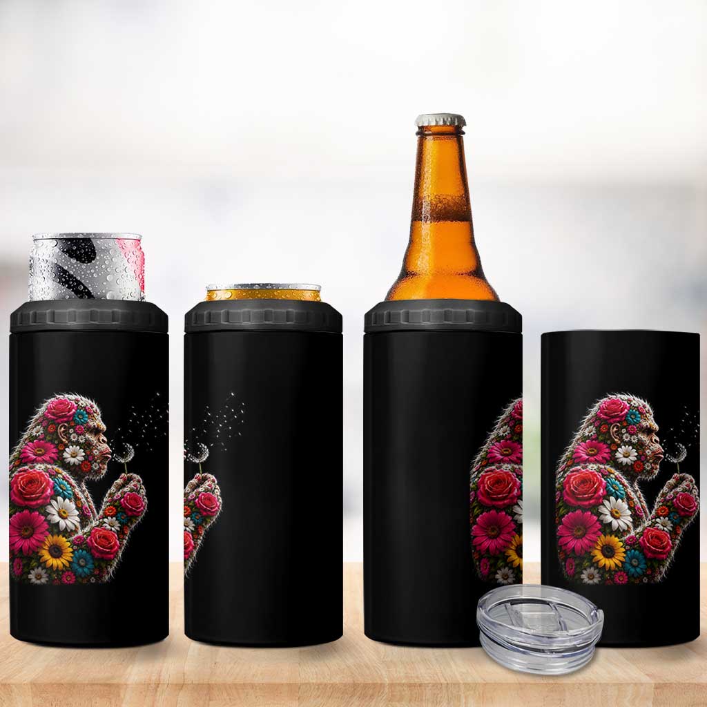 Floral Bigfoot Blowing Wishes Dandelion 4 in 1 Can Cooler Tumbler Vintage Sasquatch Art Botanical Wildlife Graphic