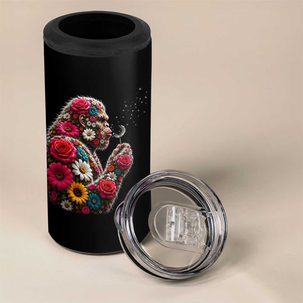 Floral Bigfoot Blowing Wishes Dandelion 4 in 1 Can Cooler Tumbler Vintage Sasquatch Art Botanical Wildlife Graphic
