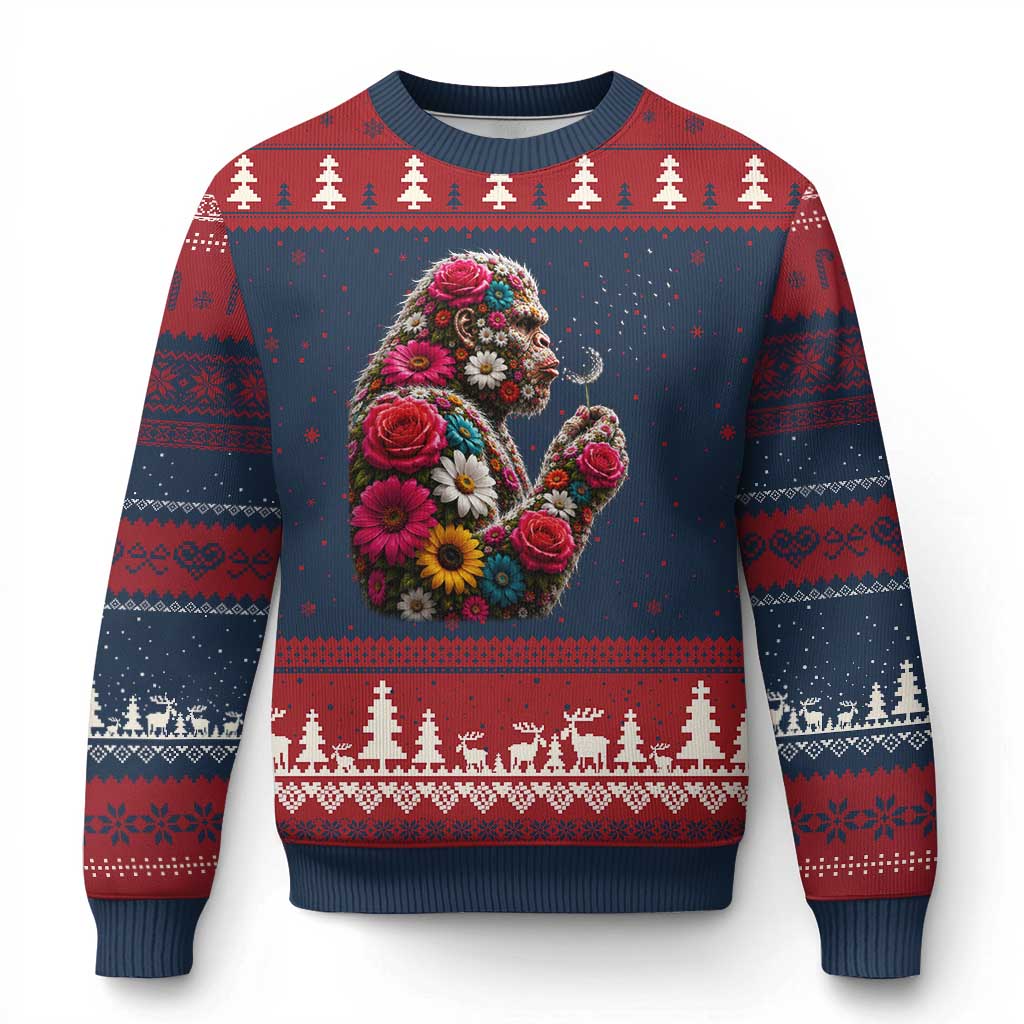 Floral Bigfoot Blowing Wishes Dandelion Ugly Christmas Sweater Vintage Sasquatch Art Botanical Wildlife Graphic