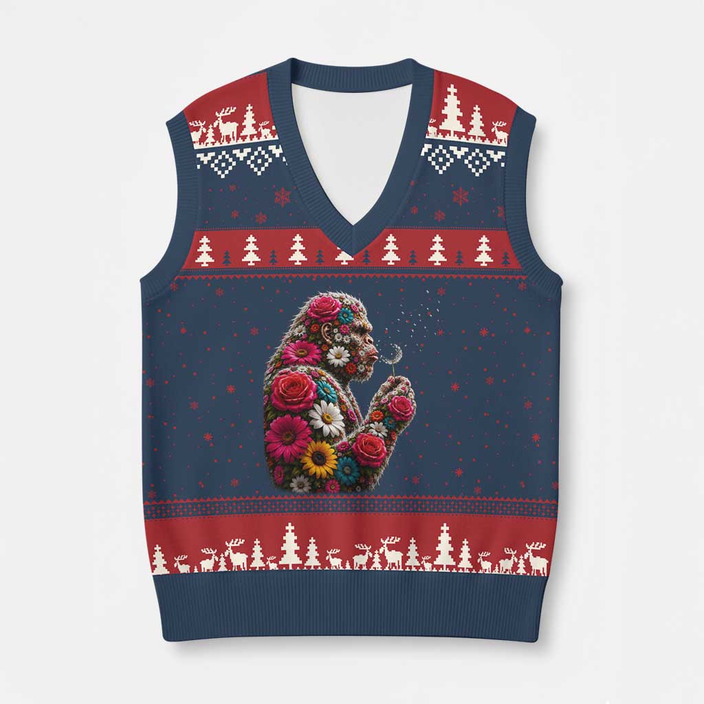 Floral Bigfoot Blowing Wishes Dandelion V-Neck Knit Sweater Vest Vintage Sasquatch Art Botanical Wildlife Graphic