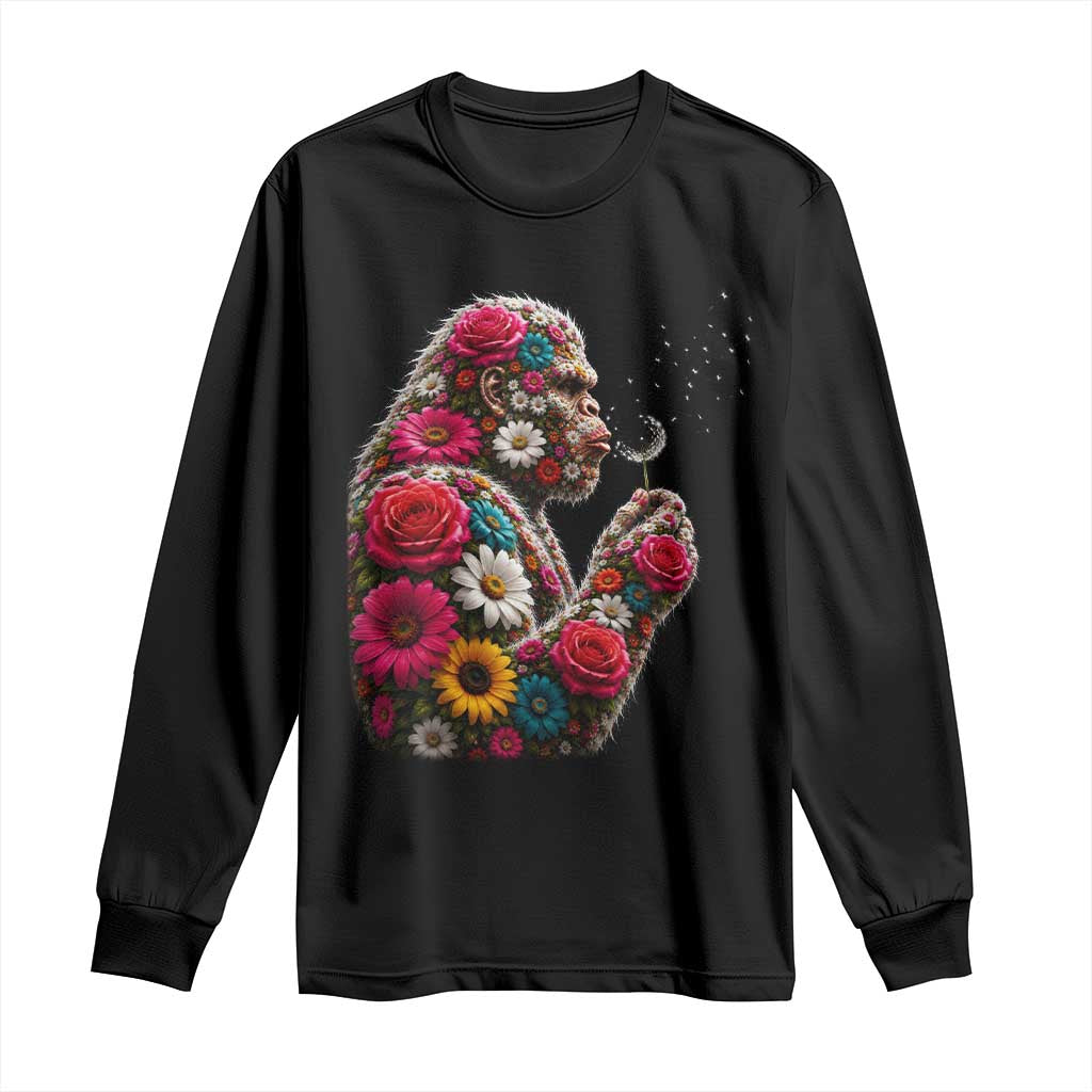 Floral Bigfoot Blowing Wishes Dandelion Long Sleeve Shirt Vintage Sasquatch Art Botanical Wildlife Graphic