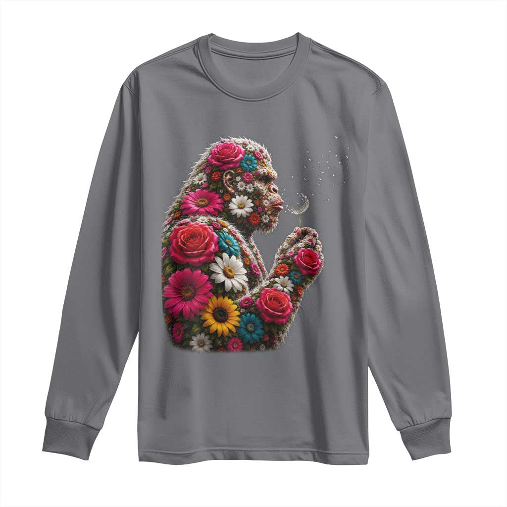 Floral Bigfoot Blowing Wishes Dandelion Long Sleeve Shirt Vintage Sasquatch Art Botanical Wildlife Graphic