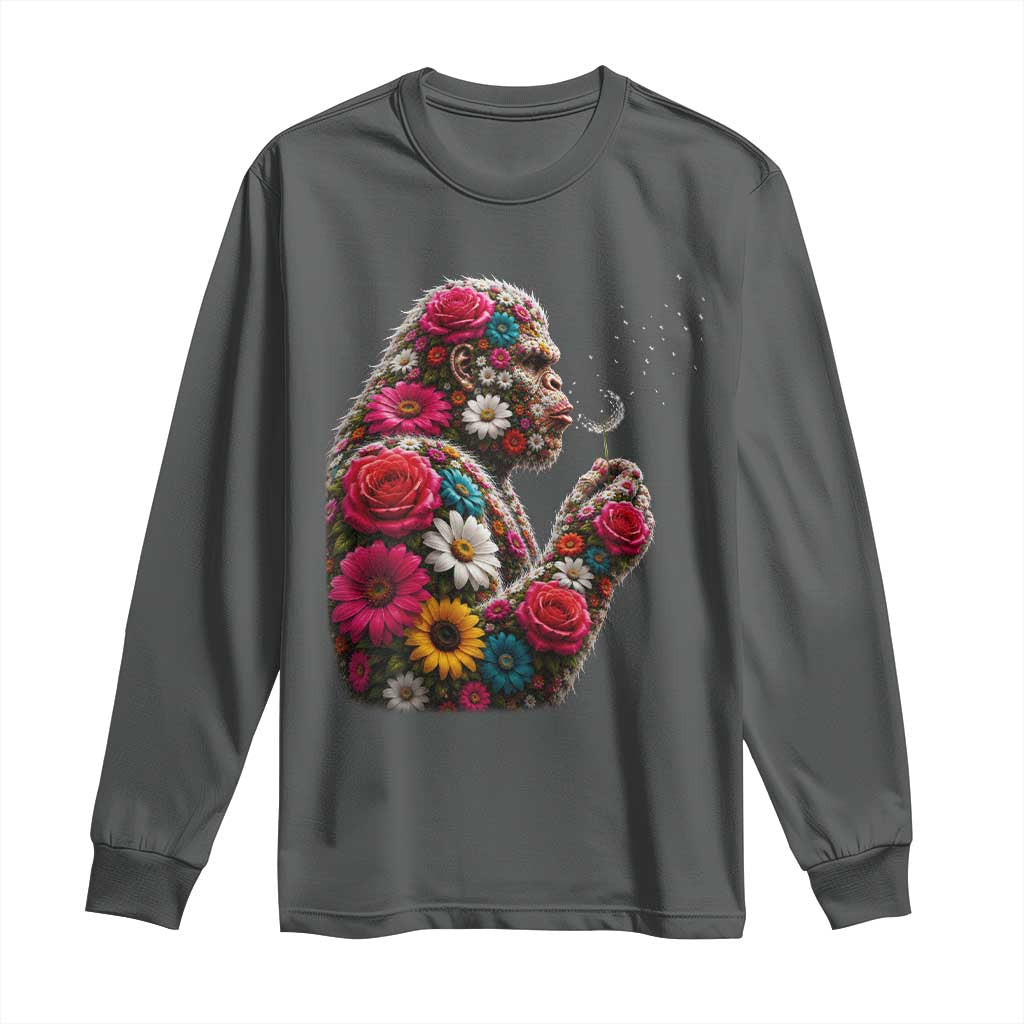 Floral Bigfoot Blowing Wishes Dandelion Long Sleeve Shirt Vintage Sasquatch Art Botanical Wildlife Graphic