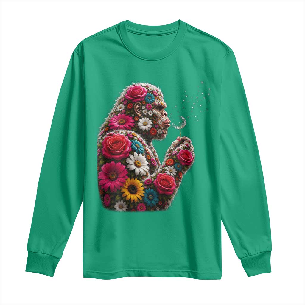 Floral Bigfoot Blowing Wishes Dandelion Long Sleeve Shirt Vintage Sasquatch Art Botanical Wildlife Graphic
