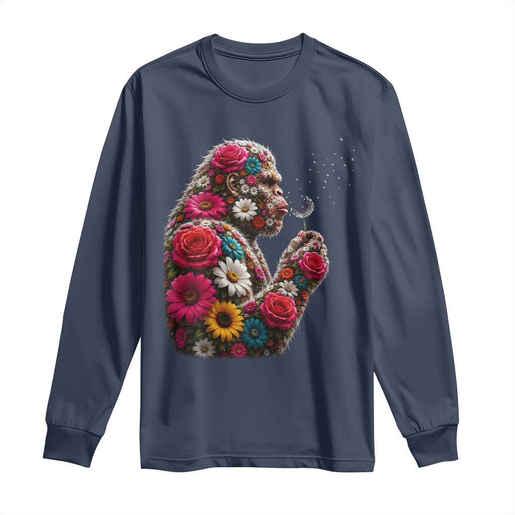 Floral Bigfoot Blowing Wishes Dandelion Long Sleeve Shirt Vintage Sasquatch Art Botanical Wildlife Graphic