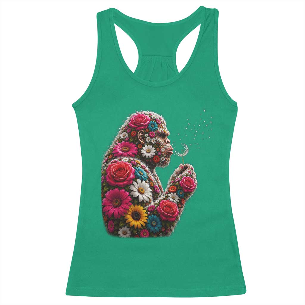 Floral Bigfoot Blowing Wishes Dandelion Racerback Tank Top Vintage Sasquatch Art Botanical Wildlife Graphic