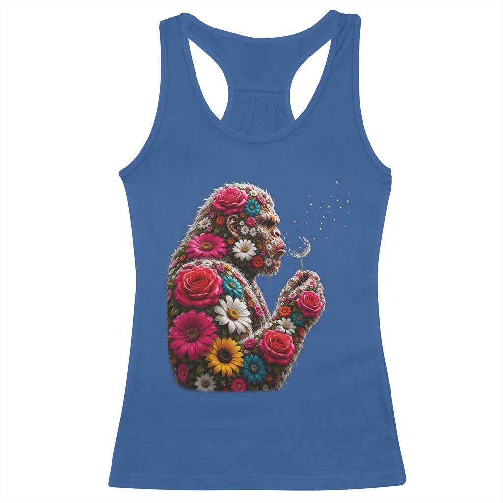 Floral Bigfoot Blowing Wishes Dandelion Racerback Tank Top Vintage Sasquatch Art Botanical Wildlife Graphic
