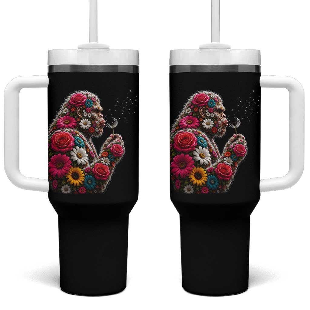 Floral Bigfoot Blowing Wishes Dandelion Tumbler With Handle Vintage Sasquatch Art Botanical Wildlife Graphic