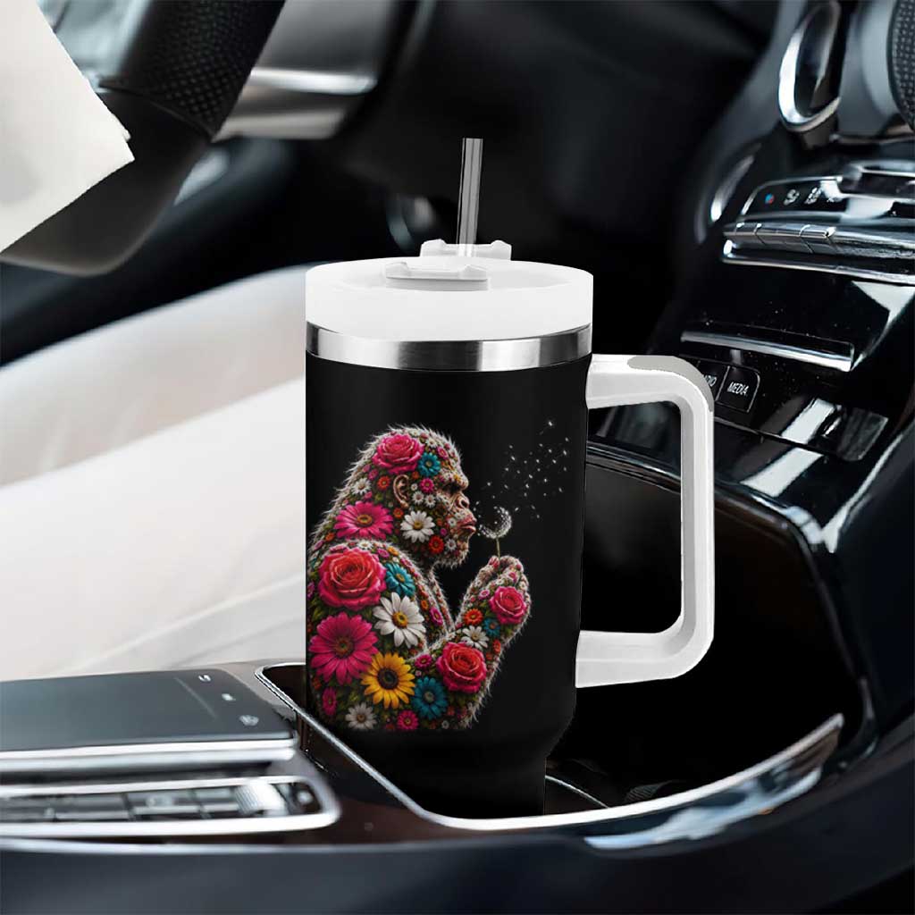 Floral Bigfoot Blowing Wishes Dandelion Tumbler With Handle Vintage Sasquatch Art Botanical Wildlife Graphic