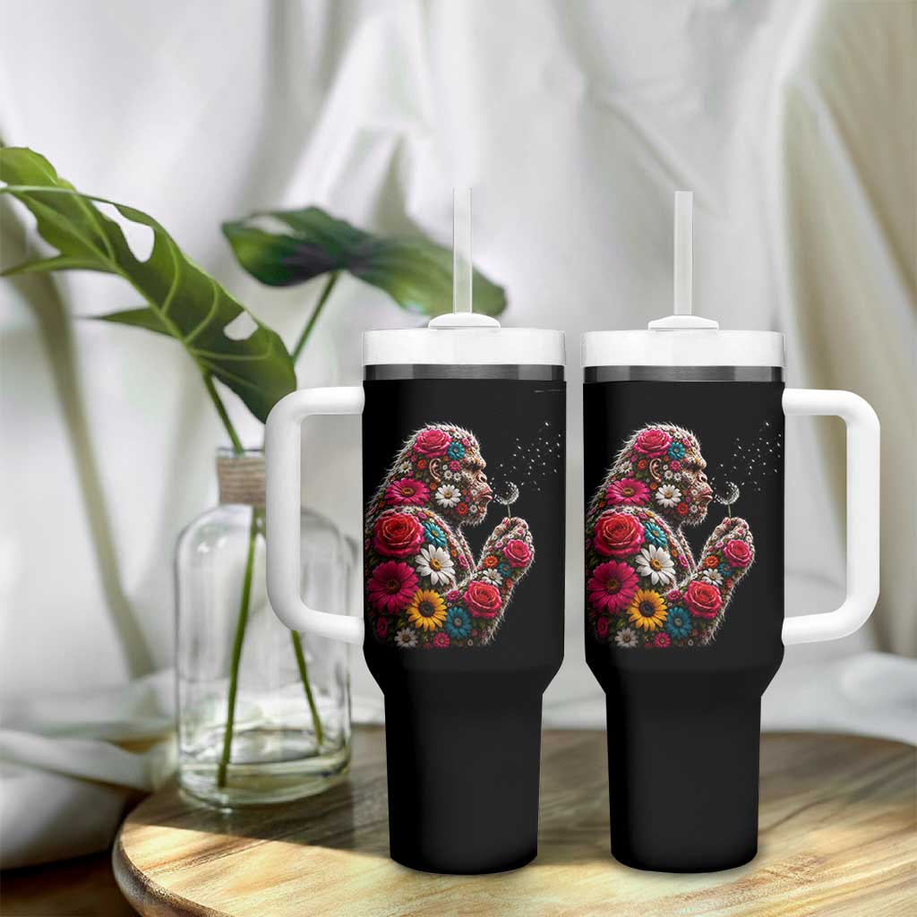Floral Bigfoot Blowing Wishes Dandelion Tumbler With Handle Vintage Sasquatch Art Botanical Wildlife Graphic