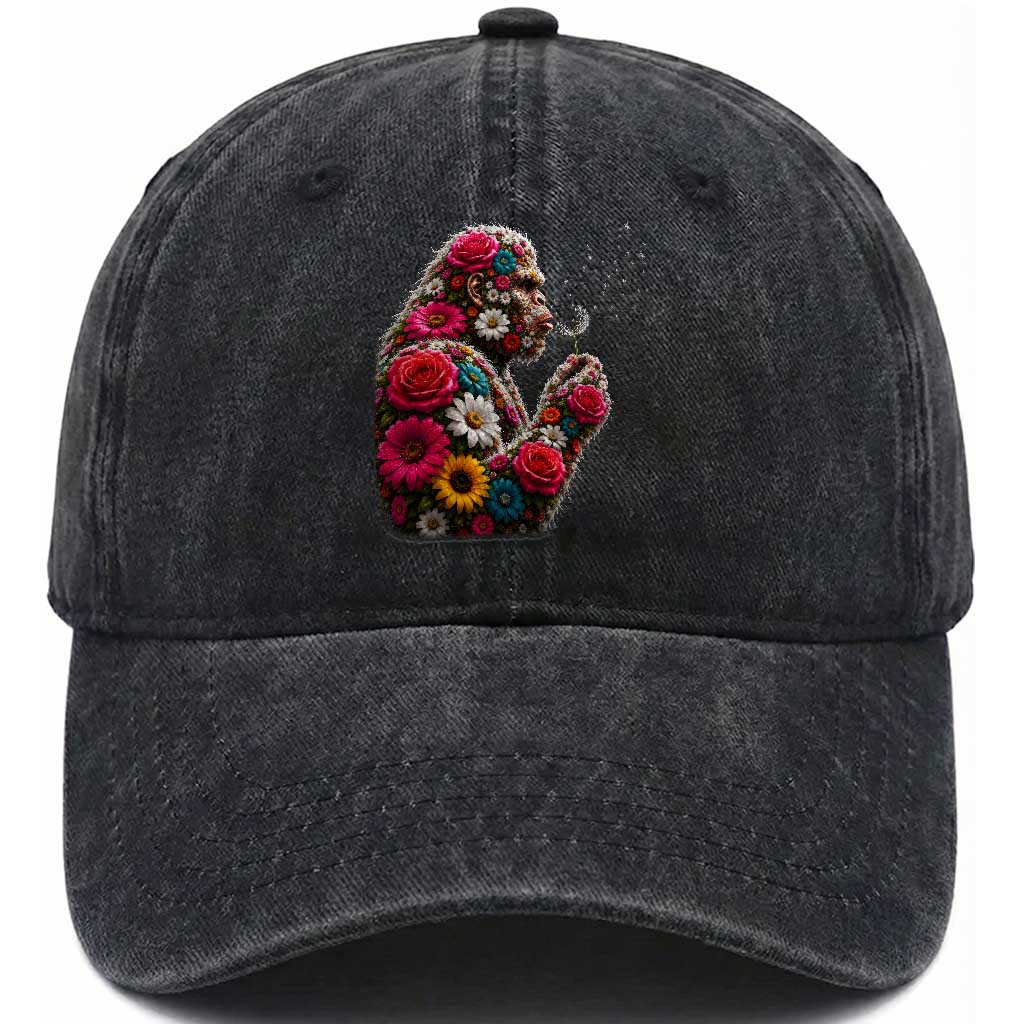 Floral Bigfoot Blowing Wishes Dandelion Washed Cotton Baseball Cap Vintage Sasquatch Art Botanical Wildlife Graphic