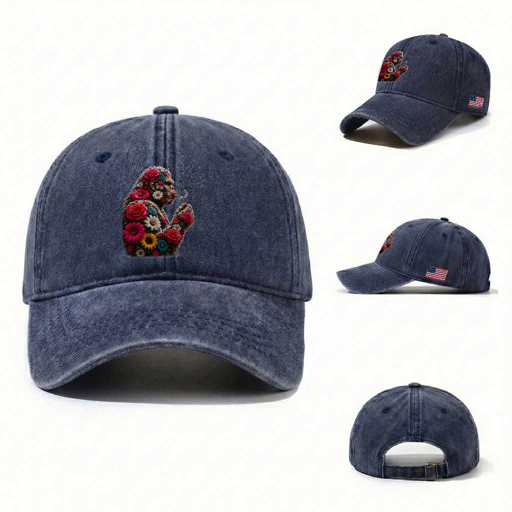 Floral Bigfoot Blowing Wishes Dandelion Washed Cotton Baseball Cap Vintage Sasquatch Art Botanical Wildlife Graphic