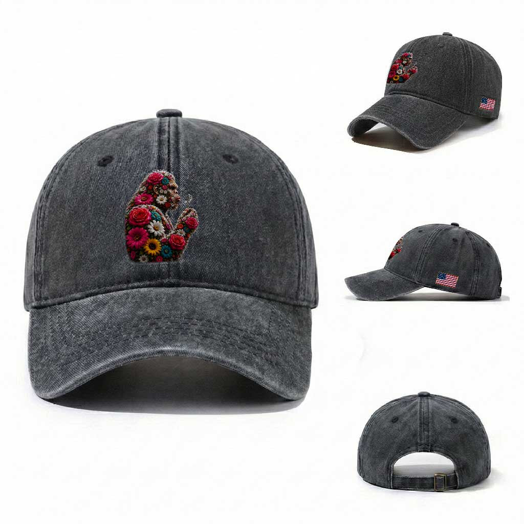 Floral Bigfoot Blowing Wishes Dandelion Washed Cotton Baseball Cap Vintage Sasquatch Art Botanical Wildlife Graphic