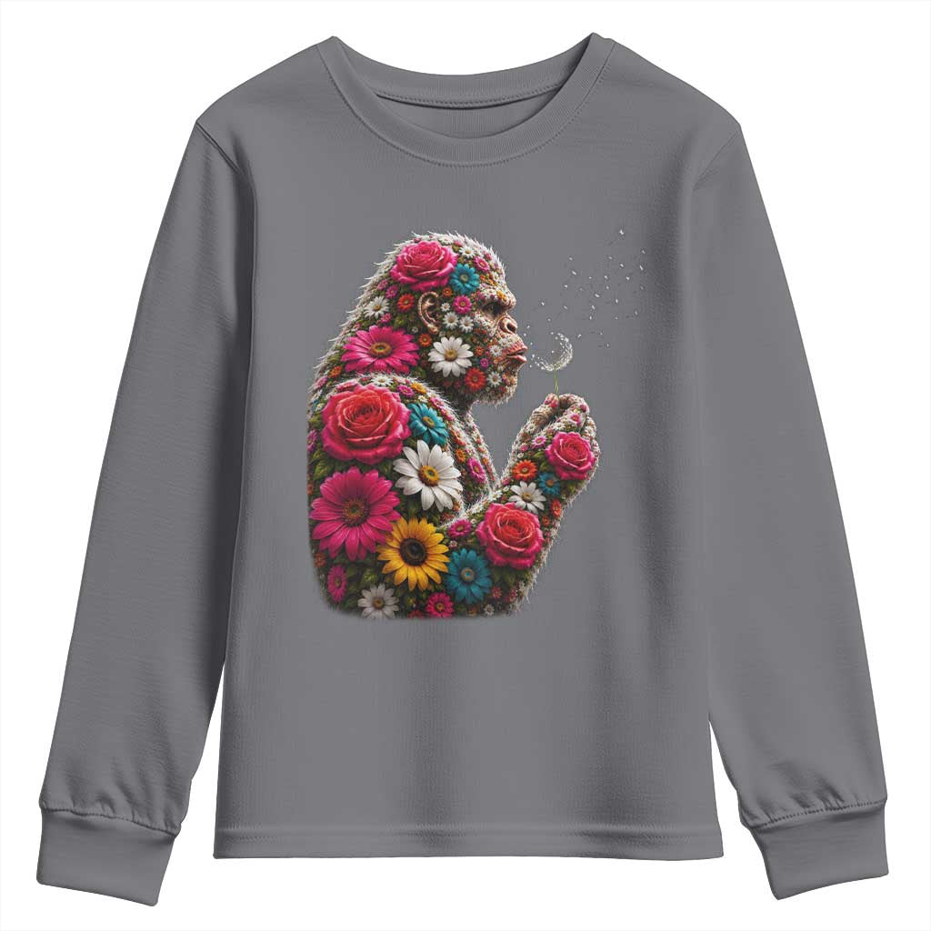 Floral Bigfoot Blowing Wishes Dandelion Youth Sweatshirt Vintage Sasquatch Art Botanical Wildlife Graphic
