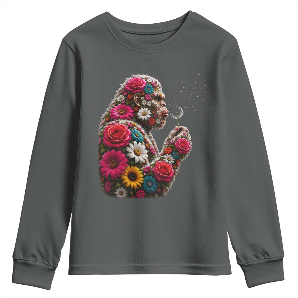 Floral Bigfoot Blowing Wishes Dandelion Youth Sweatshirt Vintage Sasquatch Art Botanical Wildlife Graphic