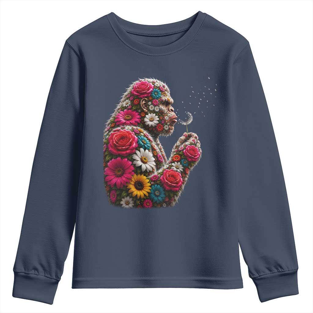 Floral Bigfoot Blowing Wishes Dandelion Youth Sweatshirt Vintage Sasquatch Art Botanical Wildlife Graphic