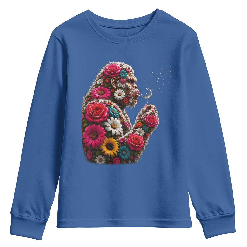 Floral Bigfoot Blowing Wishes Dandelion Youth Sweatshirt Vintage Sasquatch Art Botanical Wildlife Graphic