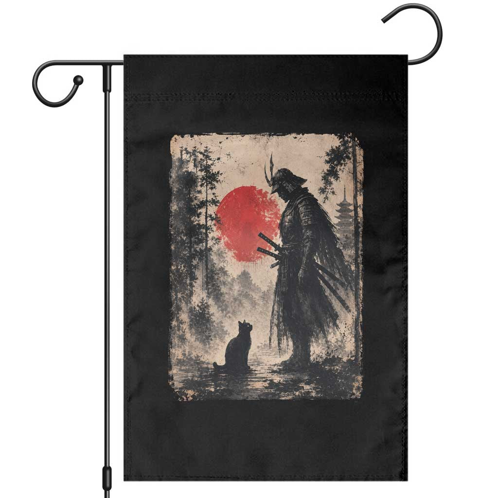Vintage Japanese Samurai Warrior and Black Cat Garden Flag