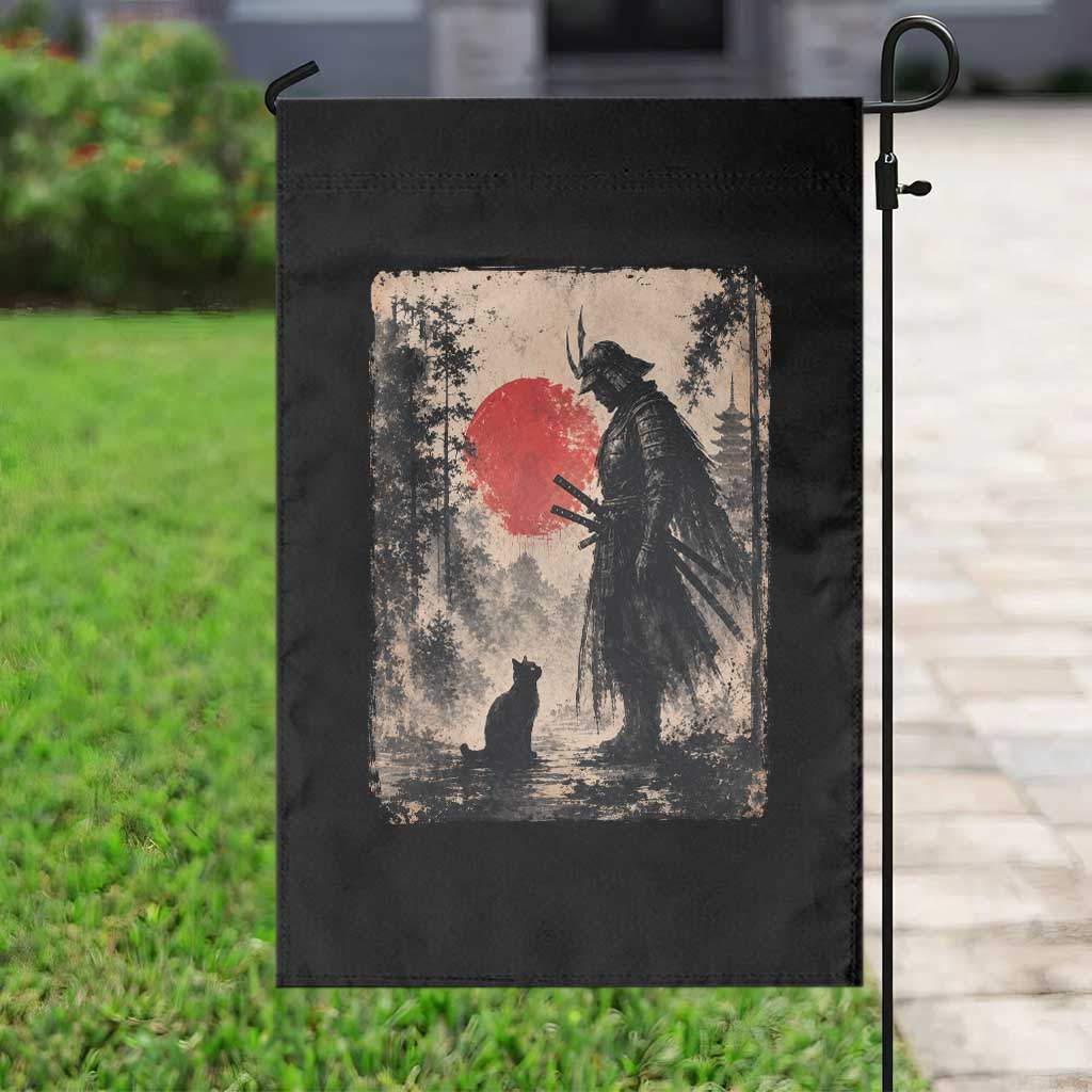 Vintage Japanese Samurai Warrior and Black Cat Garden Flag
